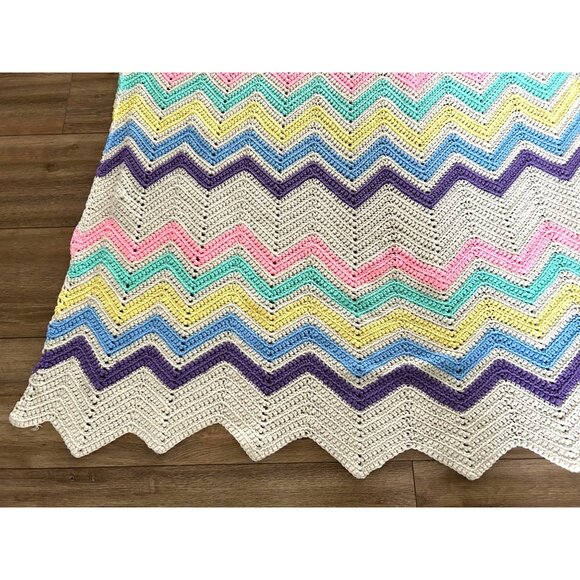 Handmade Chevron Colorful Knit Crochet Blanket Pink Teal Yellow Blue VTG 76x57 - Picture 2 of 12